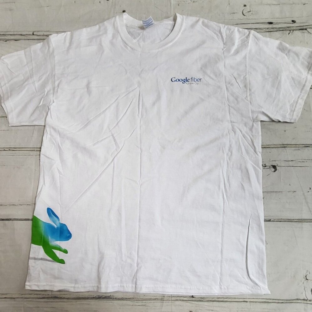 Google fiber Kansas City White Short Sleeve Rainbow Rabbit T-Shirt Mens XL EUC